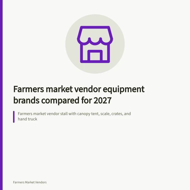 Farmers market vendor stall with canopy tent, scale, crates, and hand truck. Farmers market vendor equipment brands compared for 2027