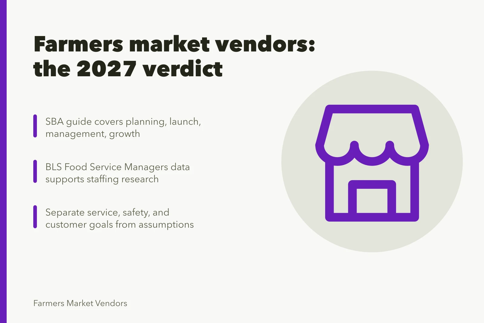 Card summarizing farmers market vendor evaluation criteria and research sources. Farmers market vendors under review: the good, the weak and the verdict