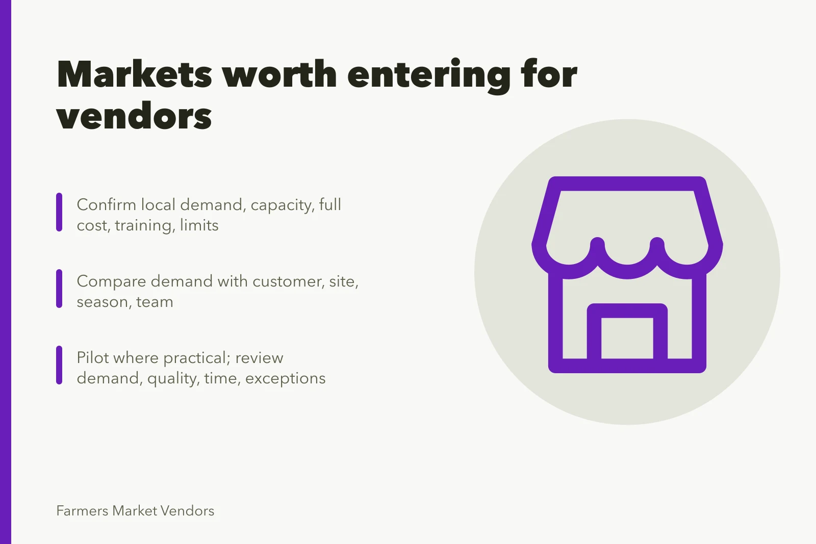 Card listing criteria for farmers market vendors choosing markets to enter. Farmers market vendor markets worth entering