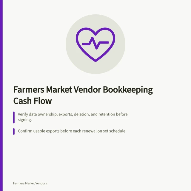 Card summarizing farmers market vendor bookkeeping and cash flow basics. Cash flow for a farmers market vendor business: the books an owner has to keep