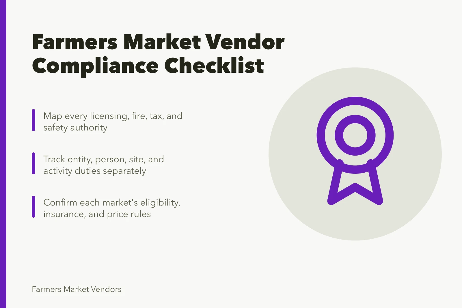 Checklist card for farmers market vendor compliance and licensing rules. The rules a farmers market vendor business clears before it opens