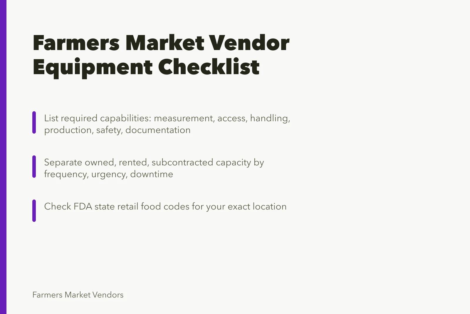 Checklist card for farmers market vendor equipment planning and food code checks. Kitting out a new farmers market vendor business