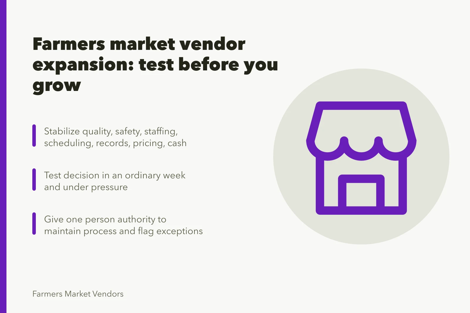 Card outlining steps to test farmers market vendor expansion before committing. Farmers market vendor expansion beyond the obvious