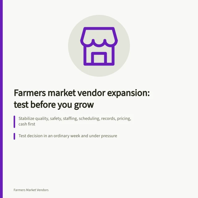 Card outlining steps to test farmers market vendor expansion before committing. Farmers market vendor expansion beyond the obvious