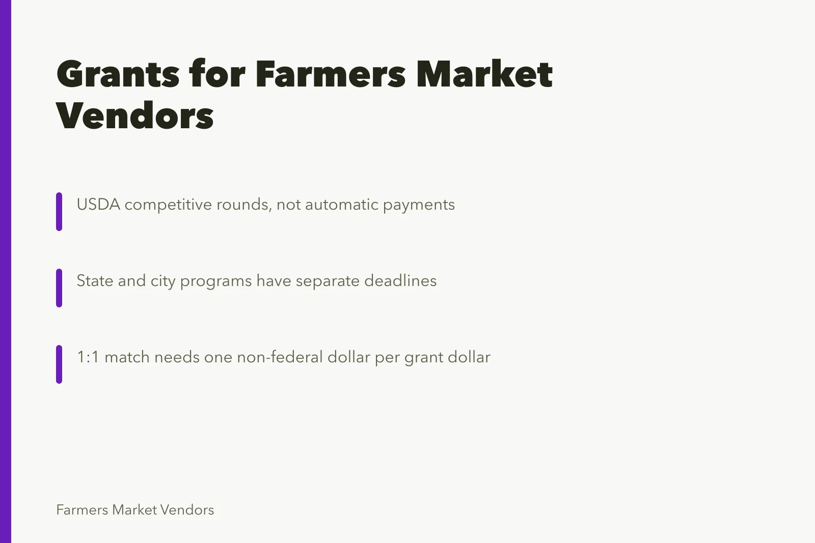 Card summarizing state and federal grants for farmers market vendors. State and Federal Grants for US Farmers Market Vendors