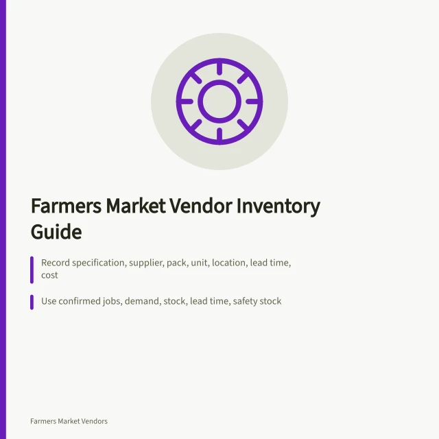 Card summarizing farmers market vendor inventory records, purchase planning, and receiving checks. 4 lessons worth learning about farmers market vendor inventory