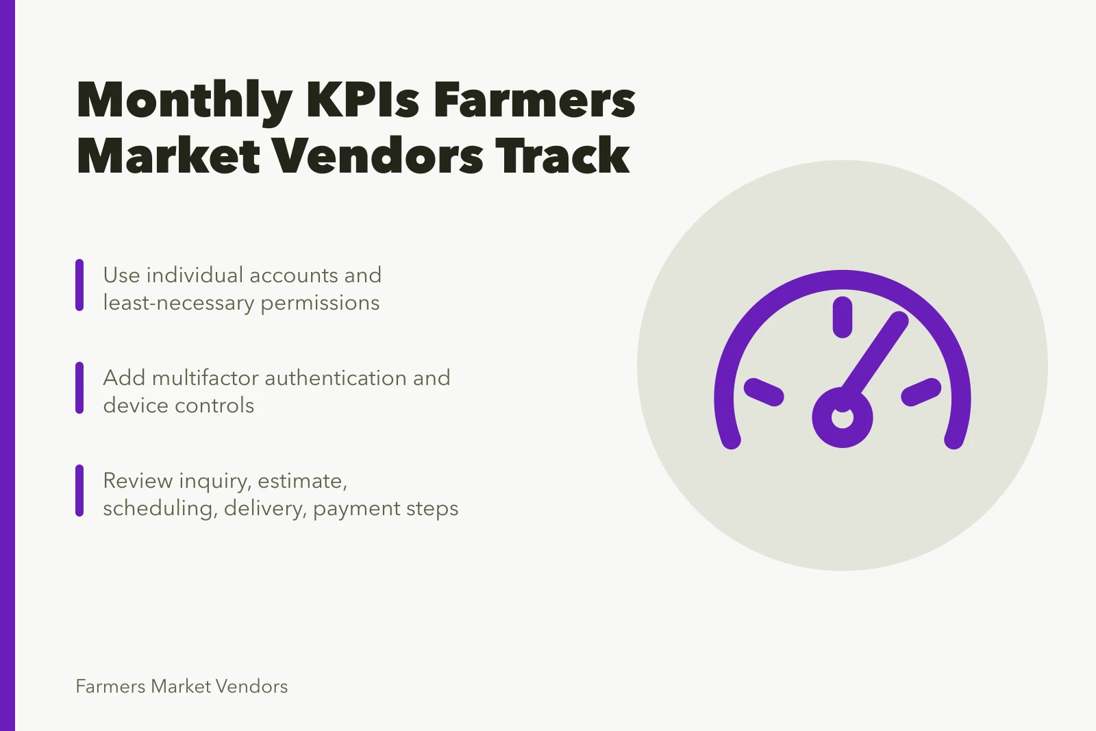 Card listing monthly KPI steps for farmers market vendors. The numbers that tell a farmers market vendor business owner the truth each month