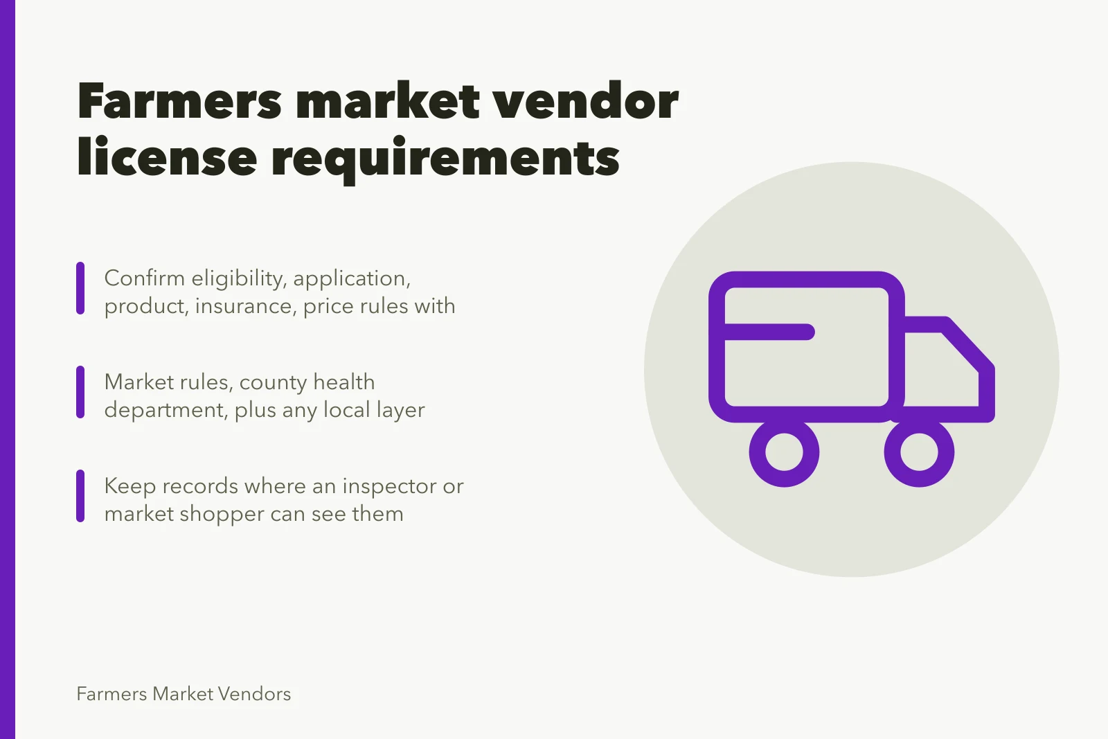 Card listing farmers market vendor license requirements and compliance steps. A working brief on farmers market vendor license requirements
