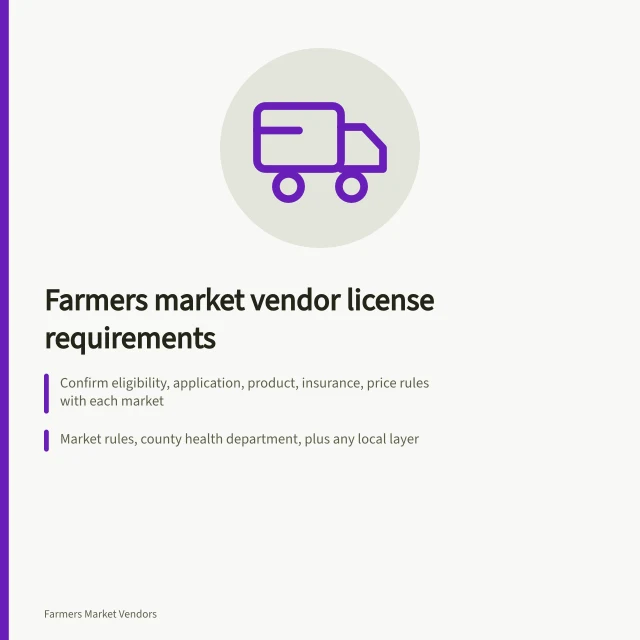 Card listing farmers market vendor license requirements and compliance steps. A working brief on farmers market vendor license requirements