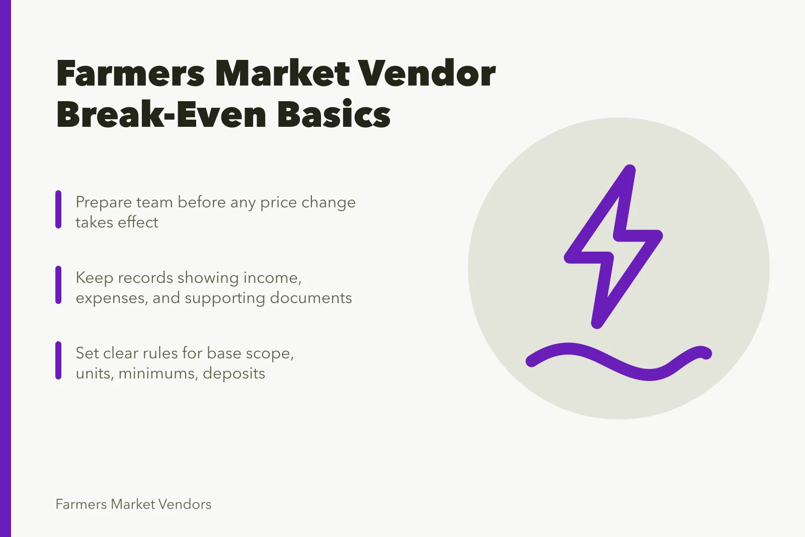 Card outlining farmers market vendor break-even, pricing rules, and recordkeeping steps. How long until a farmers market vendor business breaks even, and at what margin