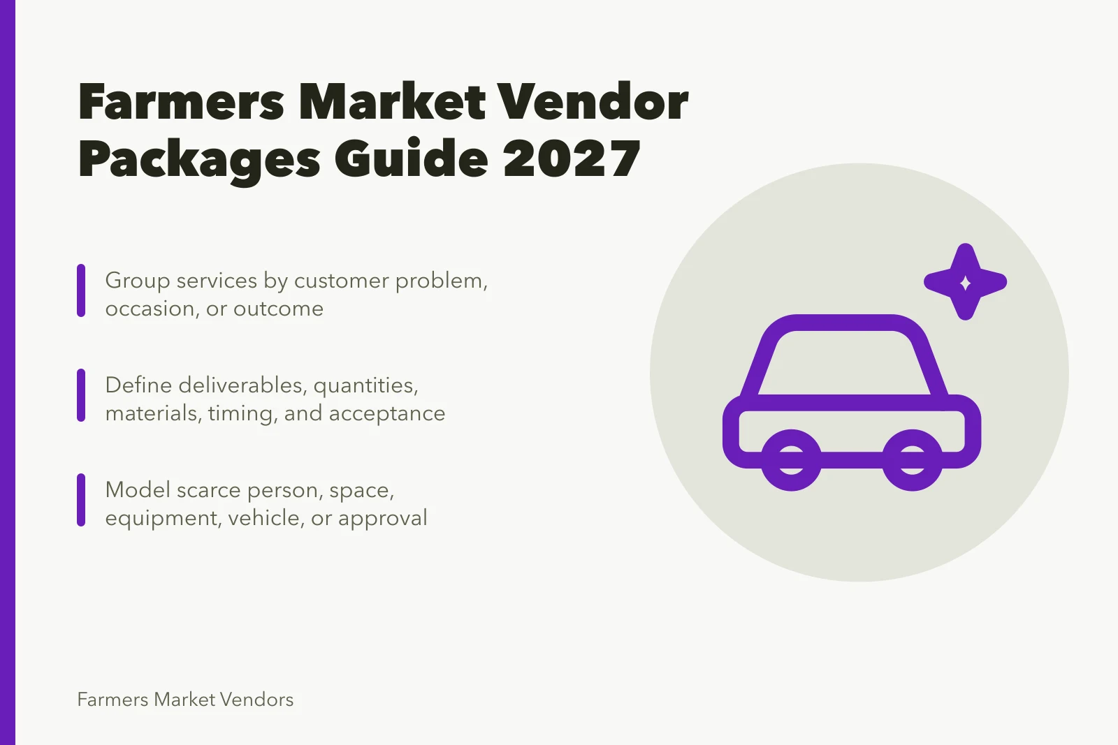 Card summarizing farmers market vendor service packages and operational planning steps. Farmers market vendor packages customers actually buy for 2027