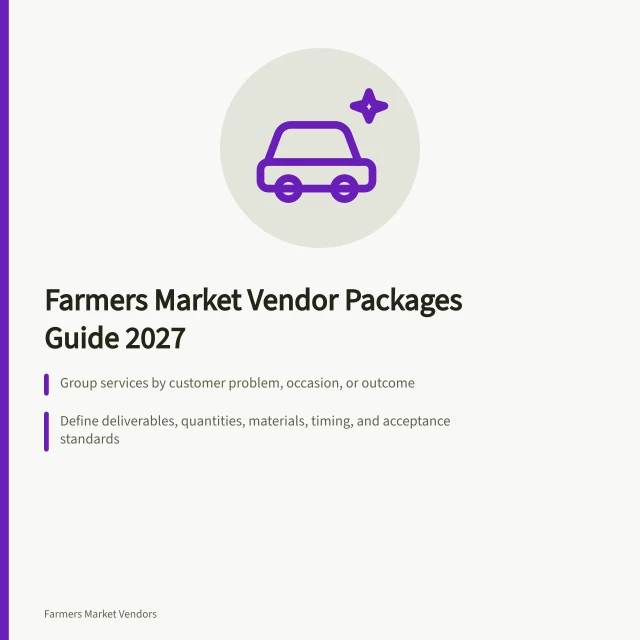 Card summarizing farmers market vendor service packages and operational planning steps. Farmers market vendor packages customers actually buy for 2027