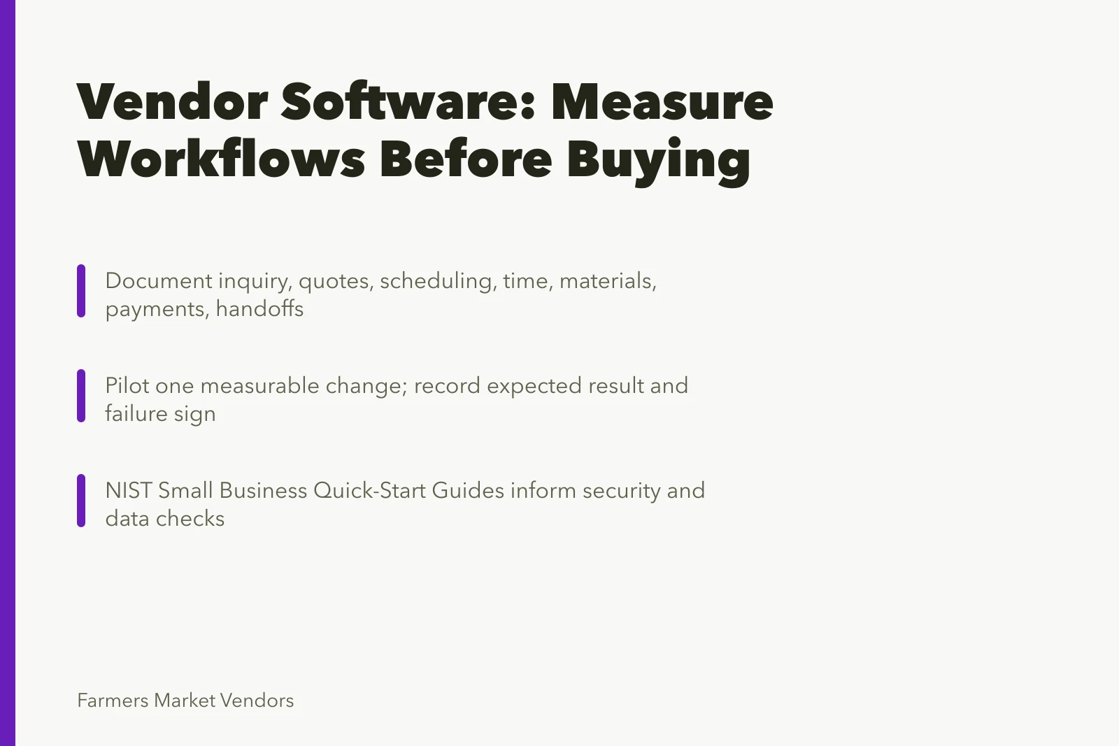 Card outlining farmers market vendor software workflow measurement steps. What farmers market vendor software should measure for 2027