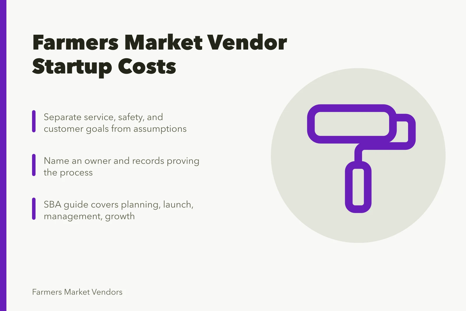 Card summarizing farmers market vendor startup costs and funding paths. Farmers market vendor startup costs explained, with realistic funding paths