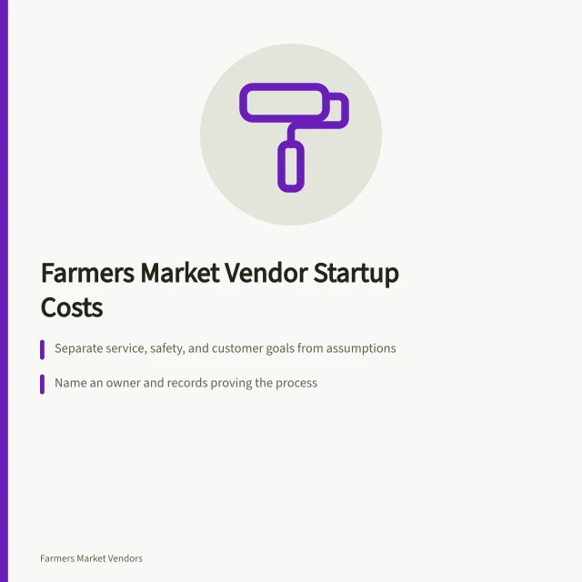 Card summarizing farmers market vendor startup costs and funding paths. Farmers market vendor startup costs explained, with realistic funding paths