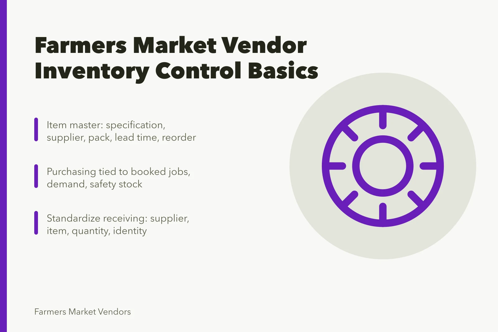 Checklist card for farmers market vendor inventory control and stock planning. What a farmers market vendor business keeps in stock, and who supplies it