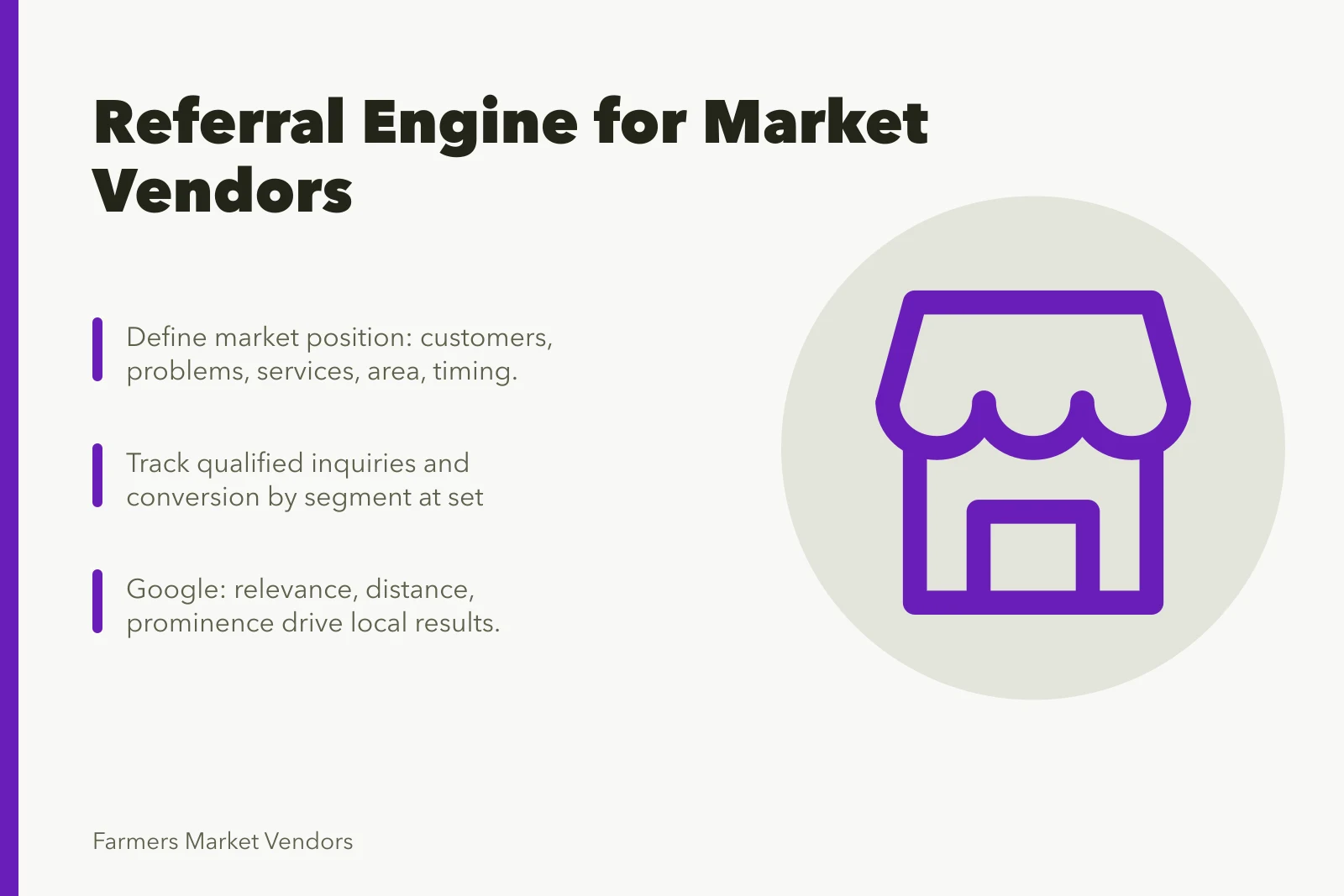 Card summarizing referral program decisions for farmers market vendors. The referral engine inside a farmers market vendor business