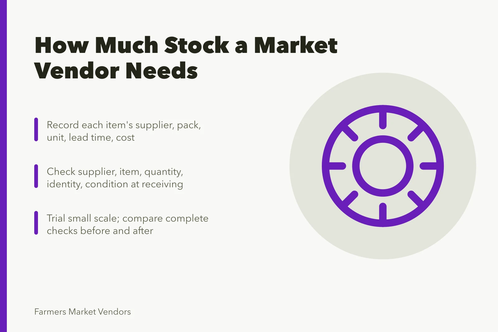 Inventory planning card for farmers market vendors tracking stock and receiving checks. How much stock does a new farmers market vendor actually need to carry?