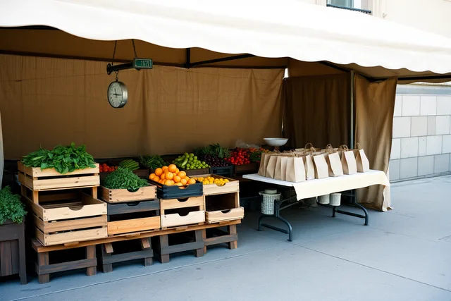 Farmers market vendor stall with produce crates, scale, and awning. Starting a farmers market vendor business: the decisions you cannot undo