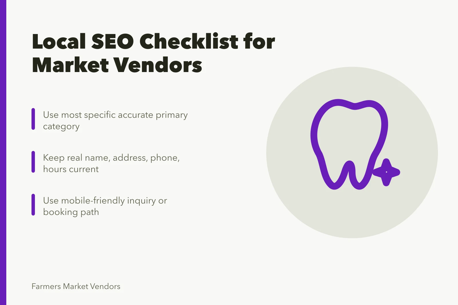 Local SEO checklist card for farmers market vendors. A local SEO checklist built for farmers market vendors, not chain retailers