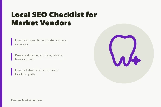 Local SEO checklist card for farmers market vendors. A local SEO checklist built for farmers market vendors, not chain retailers
