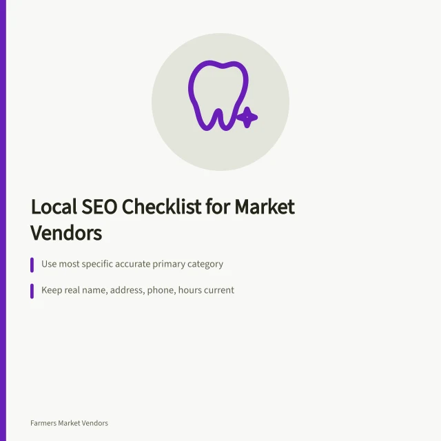 Local SEO checklist card for farmers market vendors. A local SEO checklist built for farmers market vendors, not chain retailers