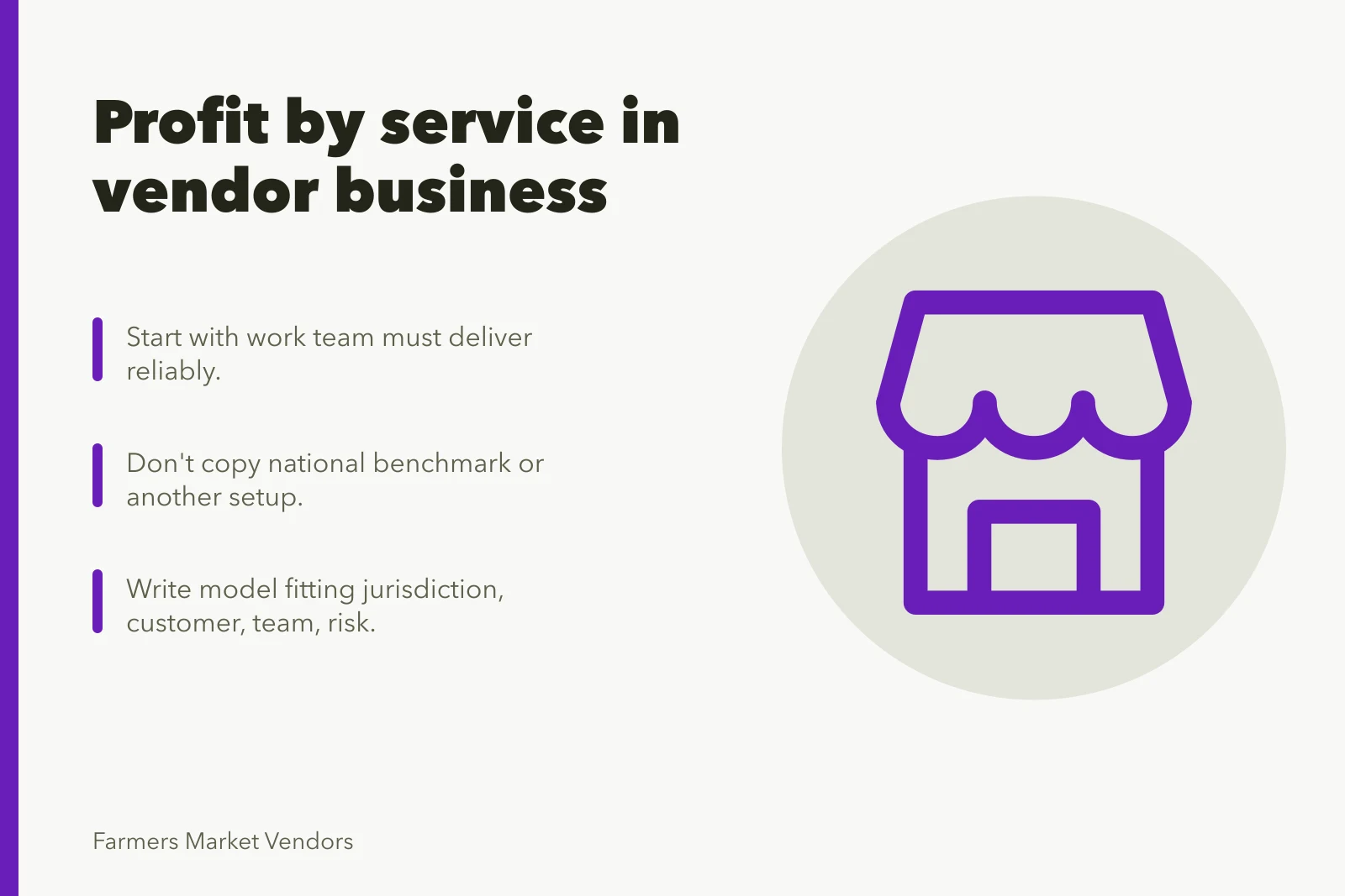 Card outlining farmers market vendor service profitability planning steps. Profit by service in a farmers market vendor business