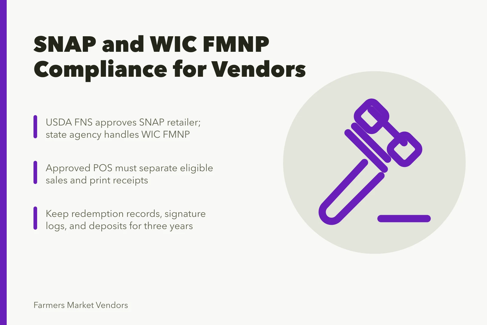 Card explaining SNAP and WIC FMNP compliance steps for farmers market vendors. SNAP and WIC FMNP compliance for small US market vendors, explained