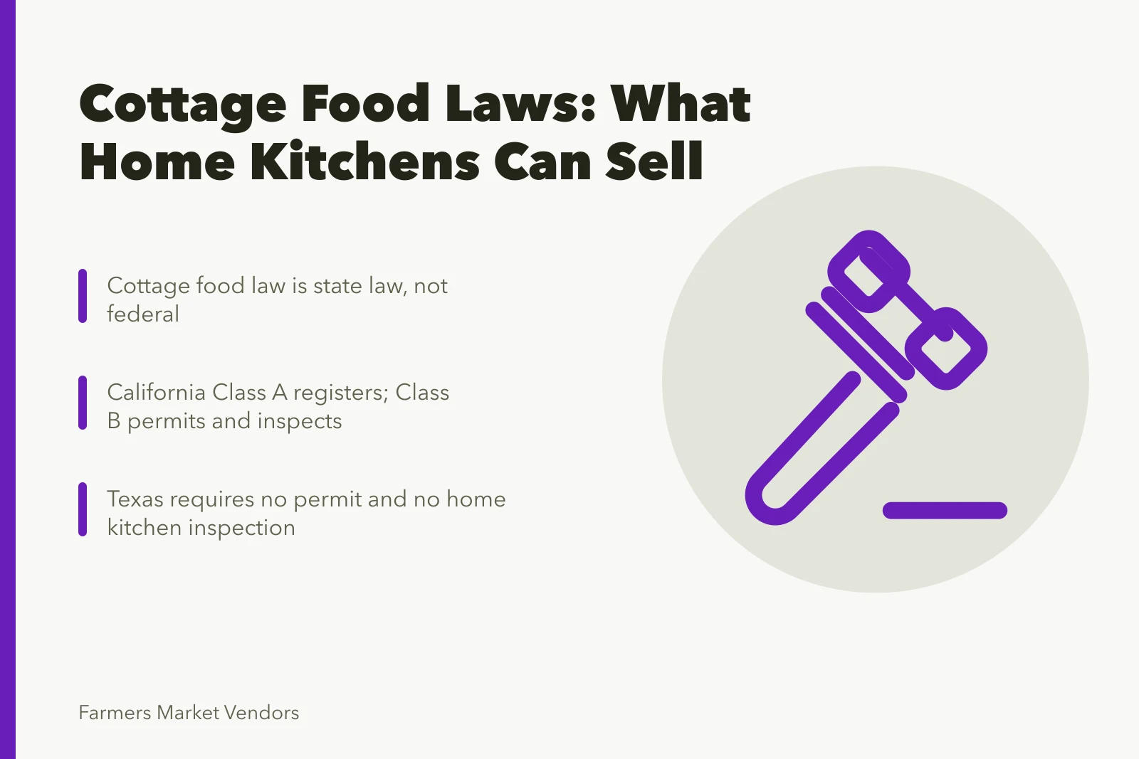 Card comparing state cottage food laws for home kitchen vendors. How US cottage food laws decide what you can sell from a home kitchen