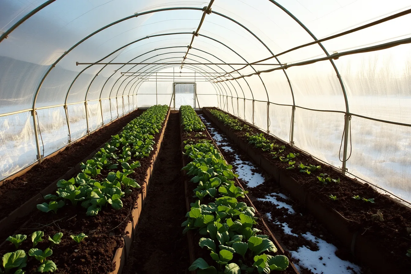 Unheated high tunnel with winter greens growing in raised beds. Winter market strategies for Vermont and Madison vendors