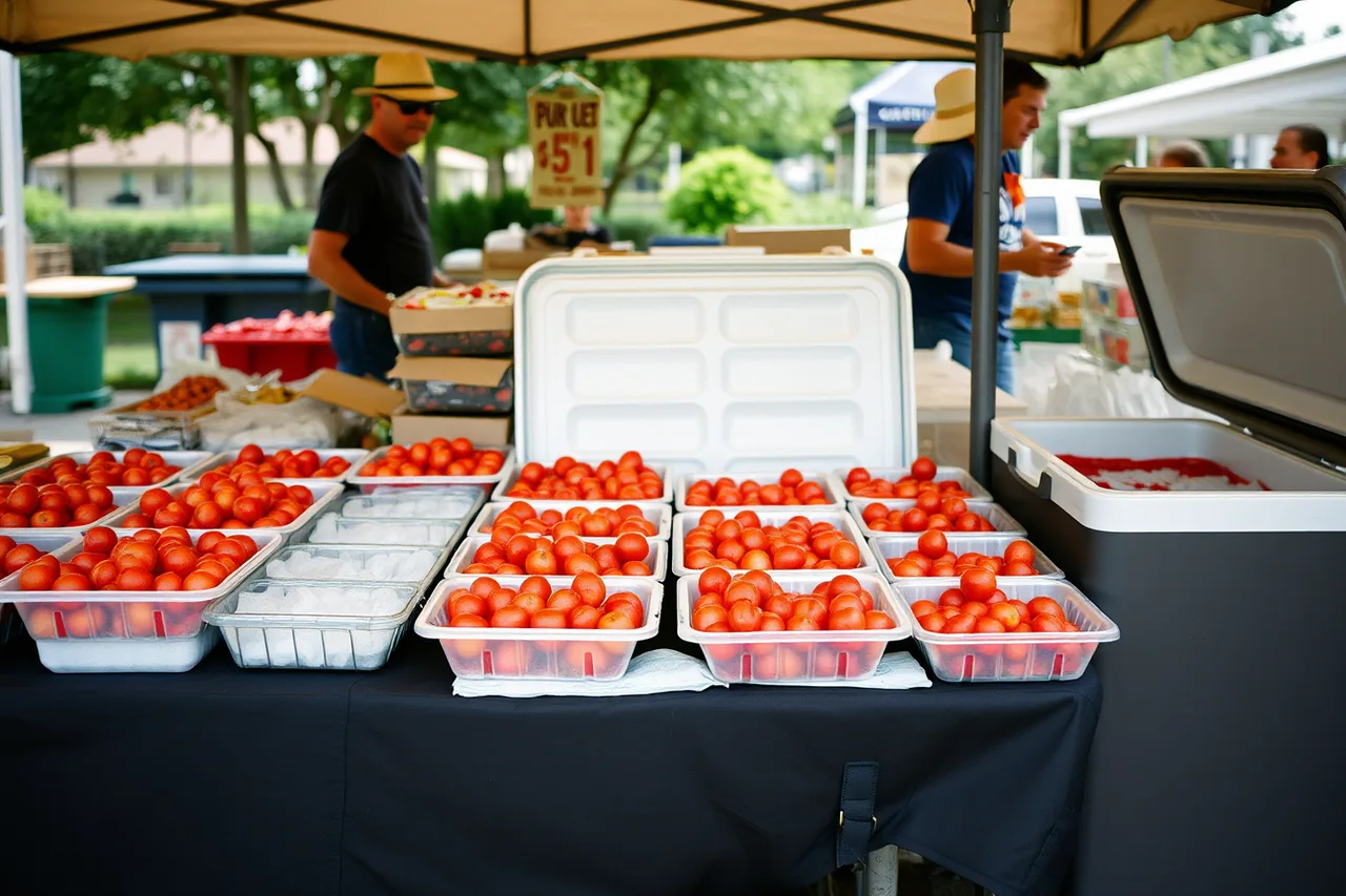 Shaded display table with shallow trays and freeze packs under product (Farmers market vendor daily workflow and SOP guide: the parts worth your time)
