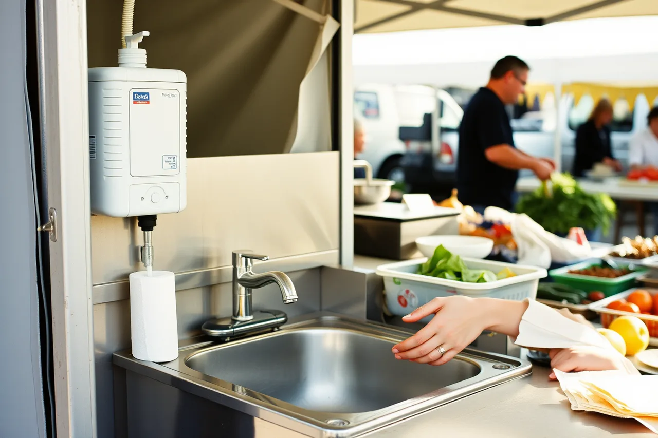 Handwash sink with soap and towels inside a market food stall (New York City Greenmarket permits vs Chicago neighborhood market rules)
