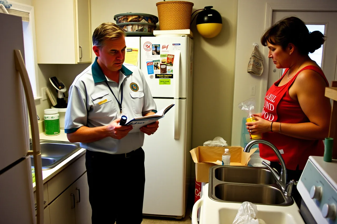 Health inspector examining a home kitchen sink and refrigerator during a cottage food permit inspection (How US cottage food laws decide what you can sell from a home kitchen)